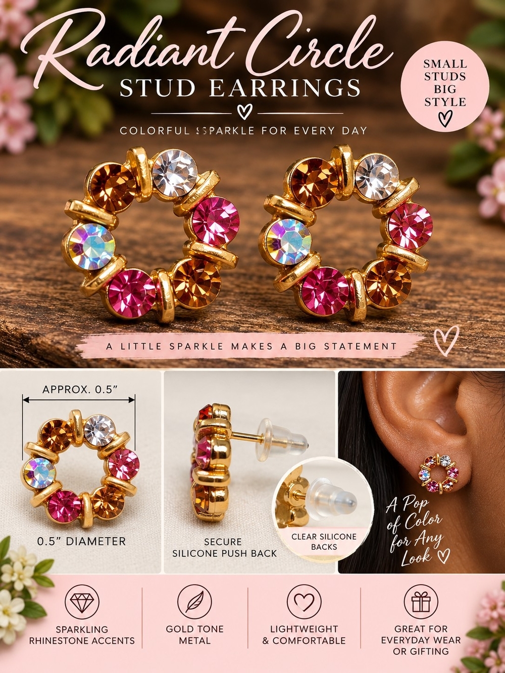 A105. Radiant Circle Stud Earrings Gold & Pink NWT